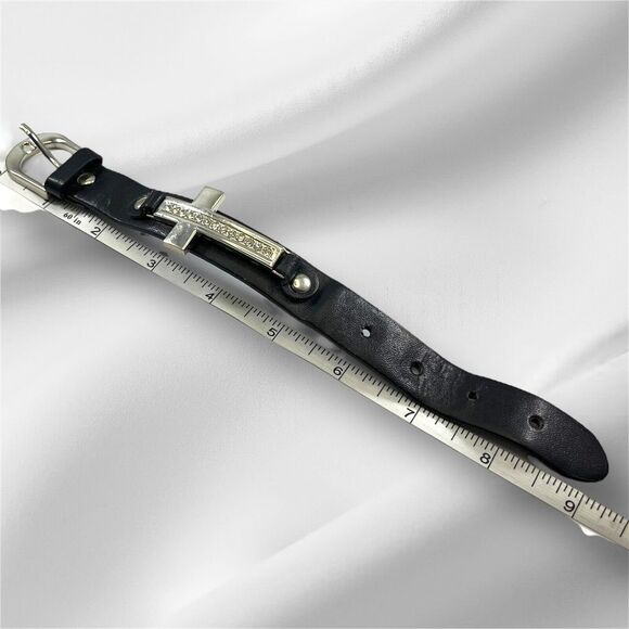 Black Leather Belt Style Bracelet Silvertone Cross Clear Rhinestones Vintage 9” - Picture 4 of 6